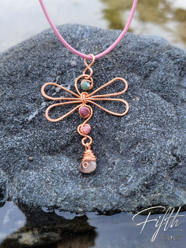 Green pink tourmaline dragonfly copper necklace fifth energy jewelry