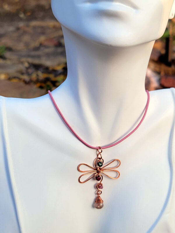 Green Pink Tourmaline Dragonfly Copper Necklace Fifth Energy Jewelry