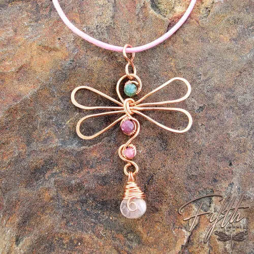 Green Pink Tourmaline Dragonfly Copper Necklace Fifth Energy Jewelry