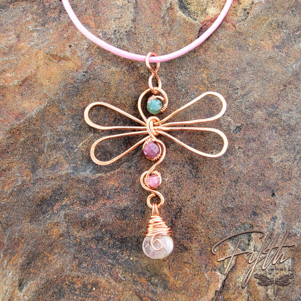 Green pink tourmaline dragonfly copper necklace fifth energy jewelry