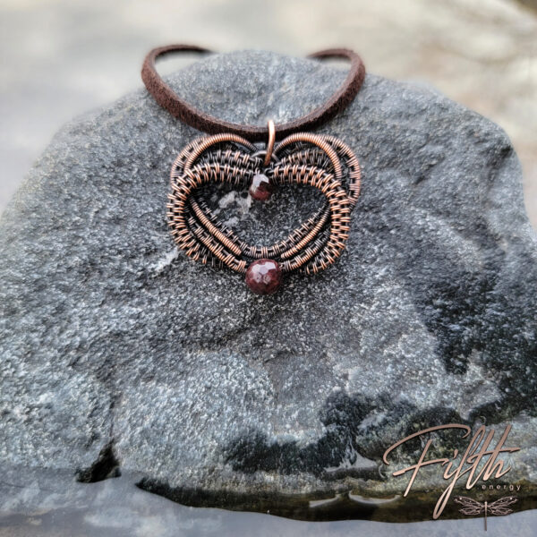 Intertwined copper garnet heart necklace fifth energy jewelry
