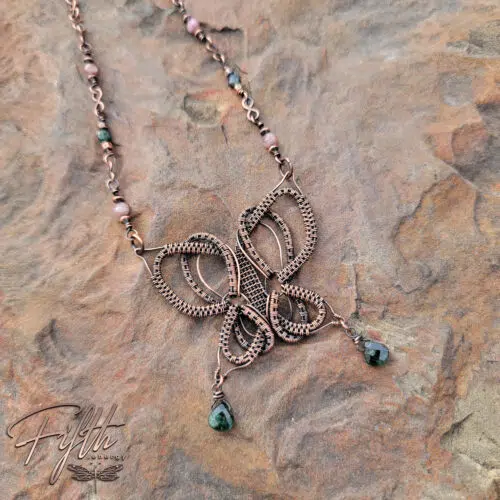 Tourmaline Copper Butterfly Necklace Fifth Energy Jewelry
