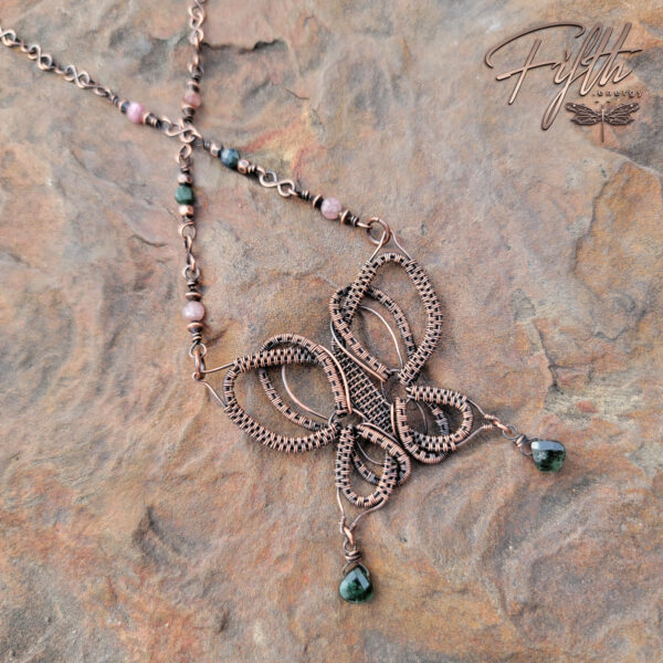 Tourmaline copper butterfly necklace fifth energy jewelry