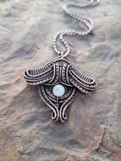 Moonstone luna moth copper necklace fifth energy jewelry