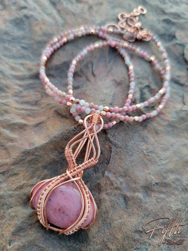 Pretty in pink rhodonite copper necklace fifth energy jewelry