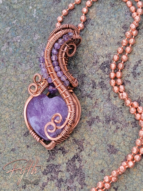Cascading amethyst lepidolite copper heart necklace fifth energy copper jewelry