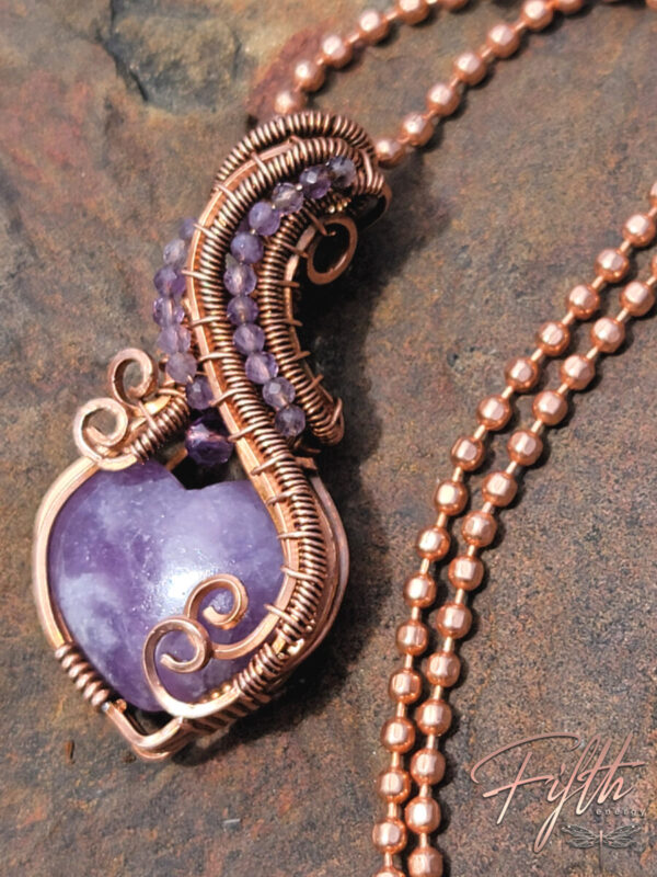 Cascading Amethyst Lepidolite Copper Heart Necklace Fifth Energy Copper Jewelry