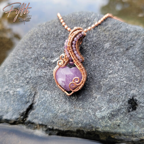 Cascading amethyst lepidolite copper heart necklace fifth energy copper jewelry