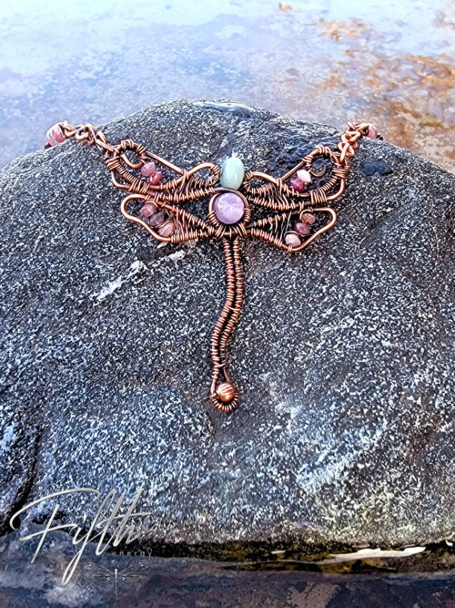 Dragonfly amazonite tourmaline necklace fifth energy copper jewelry