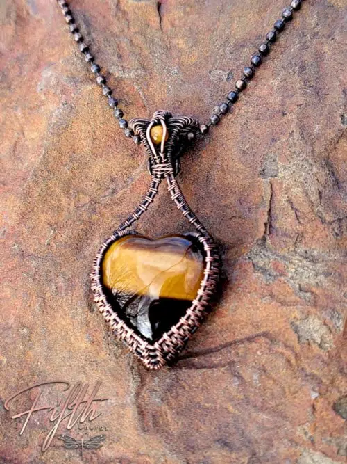 Tigers Eye Heart Necklace Fifth Energy Copper Jewelry