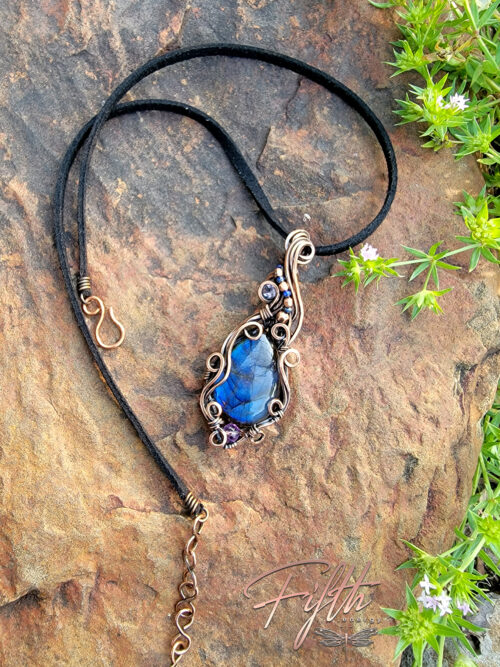 Labradorite lapis lazuli and amethyst copper swirls fifth energy jewelry