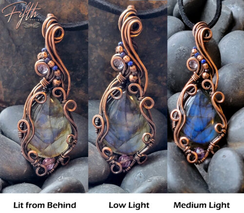 Labradorite lapis lazuli and amethyst copper swirls fifth energy jewelry light demonstration