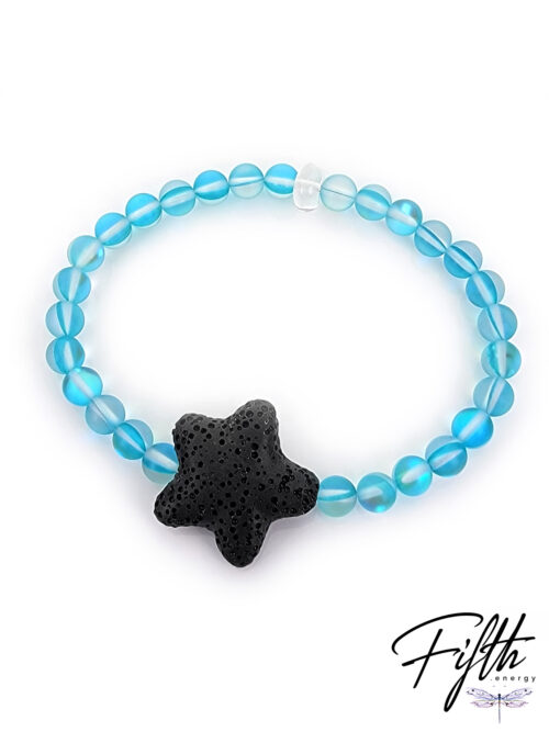 Starfish Lava Rock Ocean Inspired Day Glow Bracelet Caribbean Oceans Blue with Black Lava Stone