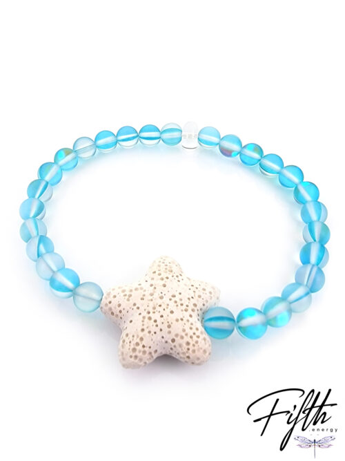Starfish Lava Rock Ocean Inspired Day Glow Bracelet Caribbean Oceans Blue with White Lava Stone