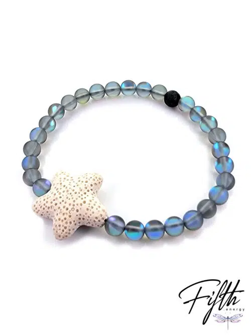Starfish Lava Rock Ocean Inspired Day Glow Bracelet Midnight Oceans Black with White Lava Stone
