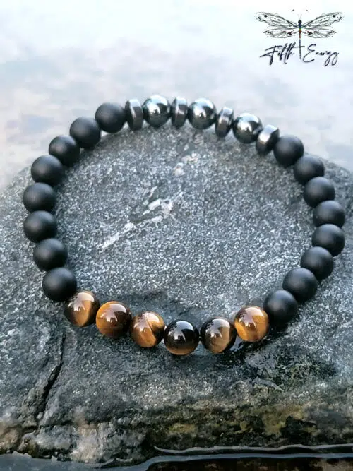 Fifth Energy Triple Protection Tigers Eye Hematite Onyx Mens Bracelet Size Medium