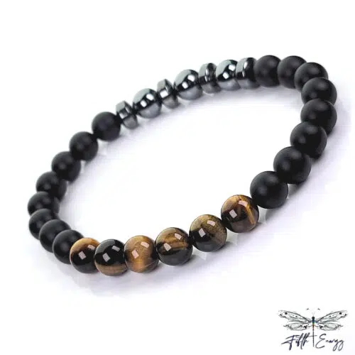 Triple Protection Bracelet Hematite Tigers Eye Onyx Mens Size 7.75 Fifth Energy Jewelry