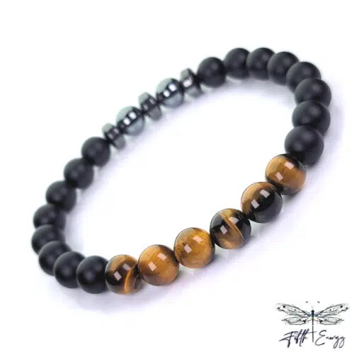 Triple Protection Bracelet Hematite Tigers Eye Onyx Mens Size 7.25 Fifth Energy Jewelry