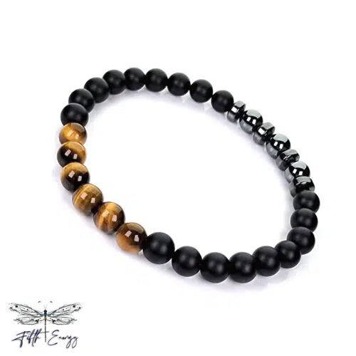 Triple Protection Bracelet Hematite Tigers Eye Onyx Mens Size 8.25 Fifth Energy Jewelry