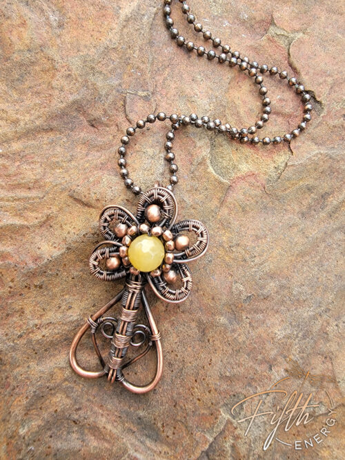 Yellow Jade Copper Flower Necklace Fifth Energy Jewelry