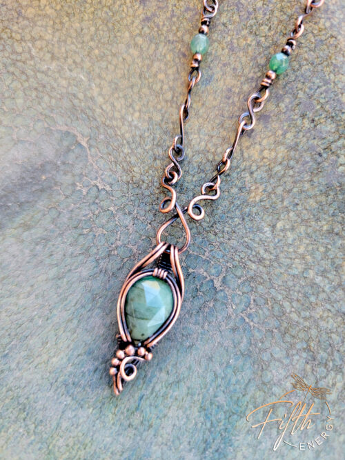Emerald and Copper Necklace Fifth Energy Jewelry Enchanting One of a Kind