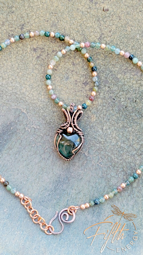 Fluorite Heart Pendant with Indian Agate Necklace Fifth Energy Jewelry