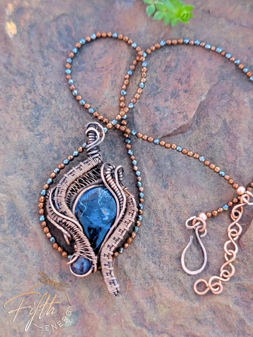 Arfvedsonite and Iolite Necklace wrapped in copper. Fifth Energy Jewelry