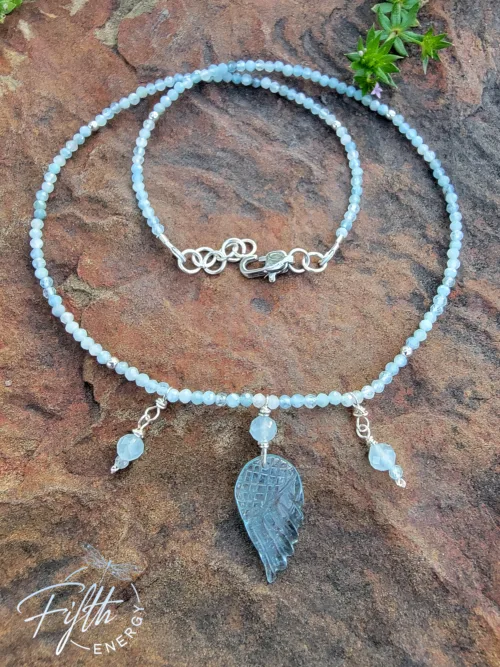 Angel Wing Aquamarine Necklace with Sterling Silver Fifth Energy Jewelry