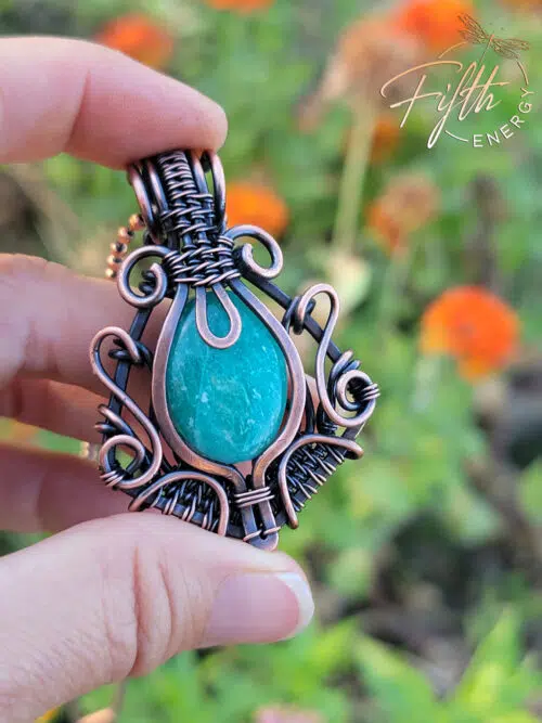 Green Amazonite and Copper Fifth Energy Jewelry Womens Pendant