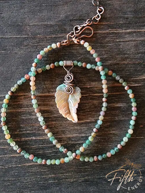 Carved Indian Agate Necklace Leaf Beaded Fifth Energy Jewelry Brown Green Earth Tones