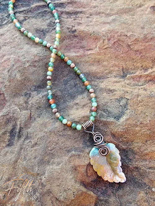 Carved Indian Agate Necklace Leaf Beaded Fifth Energy Jewelry Brown Green Earth Tones