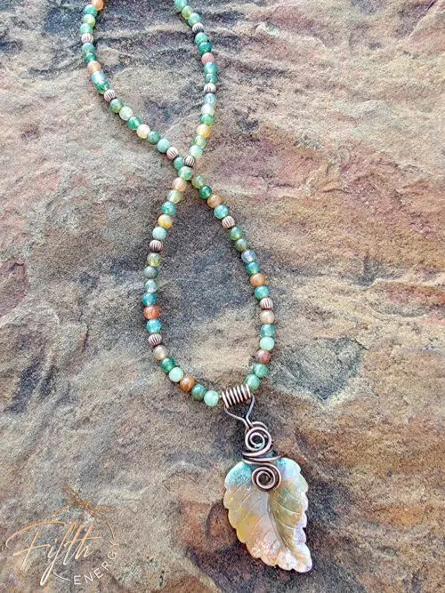 Carved Indian Agate Necklace Leaf Beaded Fifth Energy Jewelry Brown Green Earth Tones