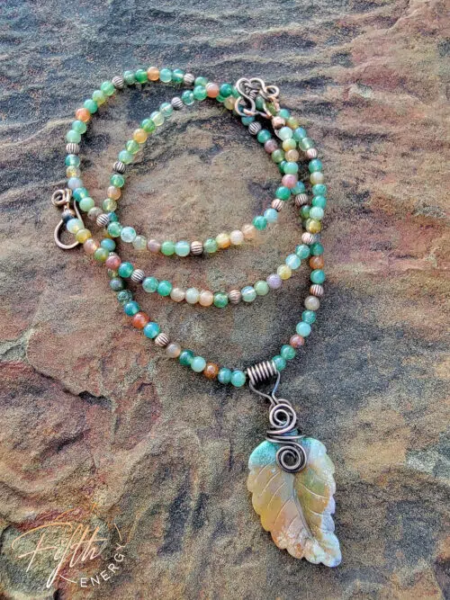 Carved Indian Agate Necklace Leaf Beaded Fifth Energy Jewelry Brown Green Earth Tones