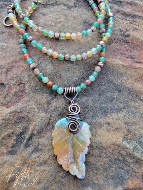 Carved Indian Agate Necklace Leaf Beaded Fifth Energy Jewelry Brown Green Earth Tones