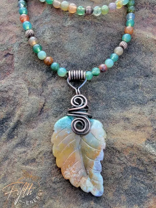 Carved Indian Agate Necklace Leaf Beaded Fifth Energy Jewelry Brown Green Earth Tones