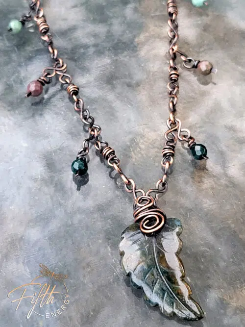 Indian Agate Necklace Leaf on Copper Chain Fifth Energy Jewelry