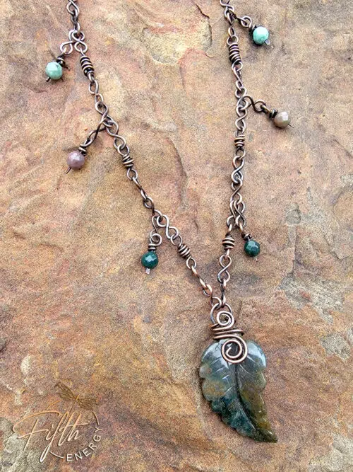 Indian Agate Necklace Leaf on Copper Chain Fifth Energy Jewelry