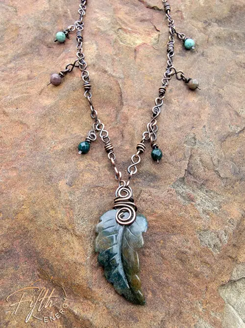 Indian Agate Necklace Leaf on Copper Chain Fifth Energy Jewelry