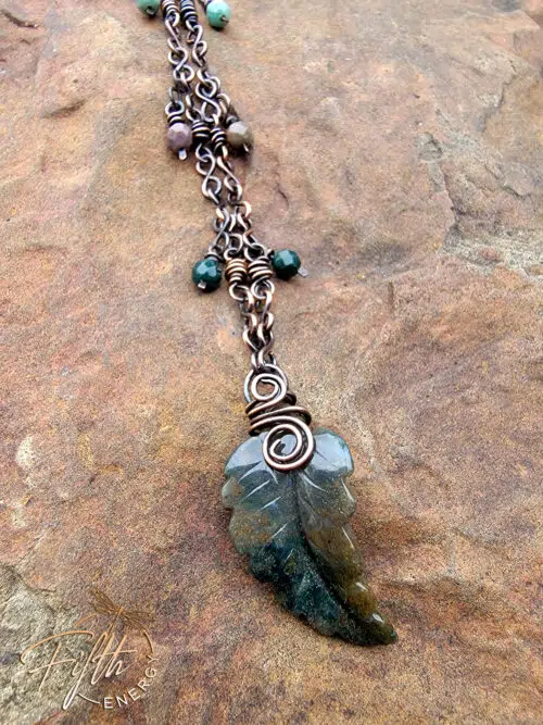 Indian Agate Necklace Leaf on Copper Chain Fifth Energy Jewelry