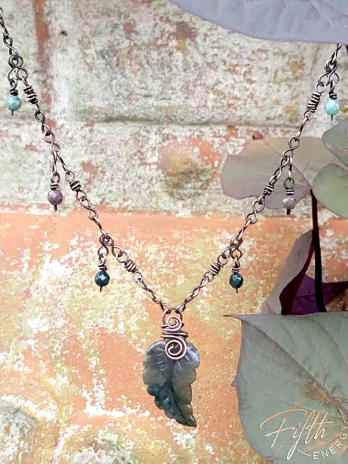 Indian Agate Necklace Leaf on Copper Chain Fifth Energy Jewelry