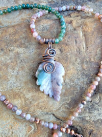 Lavender and Green Carved Indian Agate Leaf Necklace Leaf Necklace Fifth Energy Jewelry