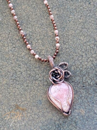Rhodochrosite Rose Copper Necklace with Hematite Fifth Energy Jewelry Pink White