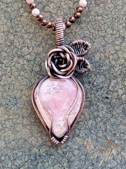 Rhodochrosite Rose Copper Necklace with Hematite Fifth Energy Jewelry Pink White