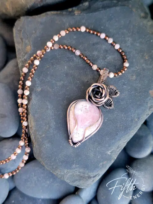 Rhodochrosite Rose Copper Necklace with Hematite Fifth Energy Jewelry Pink White