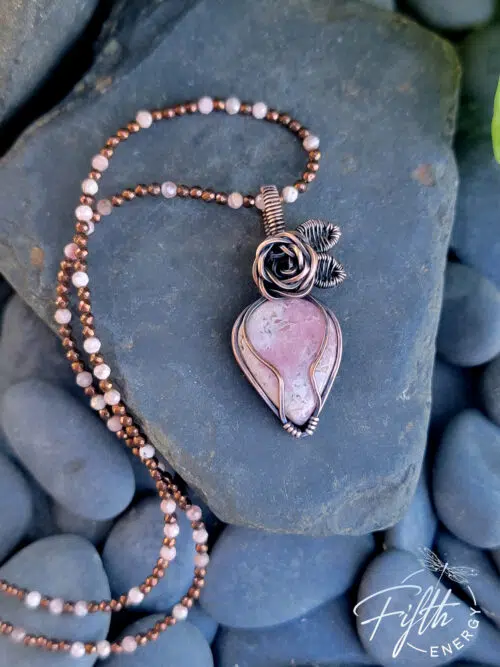 Rhodochrosite Rose Copper Necklace with Hematite Fifth Energy Jewelry Pink White