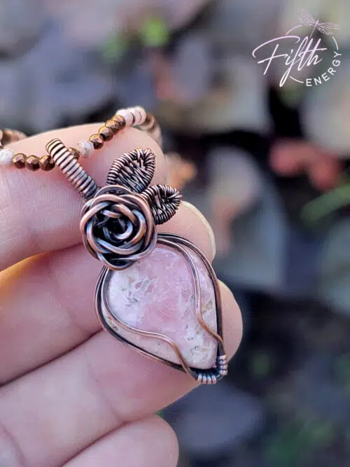 Rhodochrosite Rose Copper Necklace with Hematite Fifth Energy Jewelry Pink White