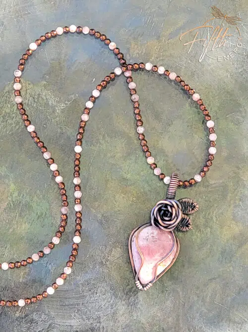 Rhodochrosite Rose Copper Necklace with Hematite Fifth Energy Jewelry Pink White