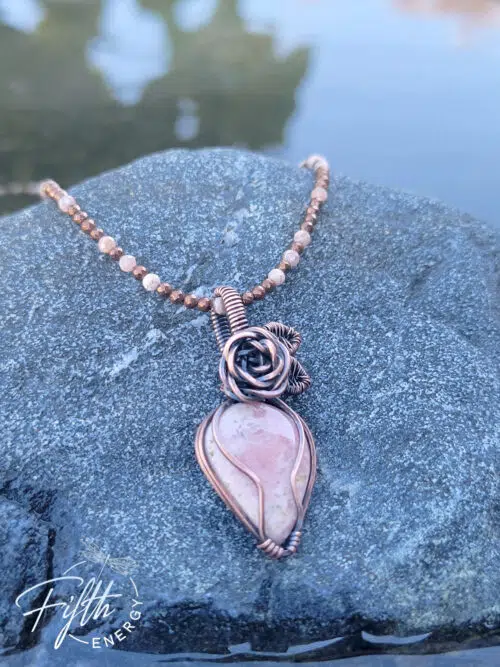Rhodochrosite Rose Copper Necklace with Hematite Fifth Energy Jewelry Pink White