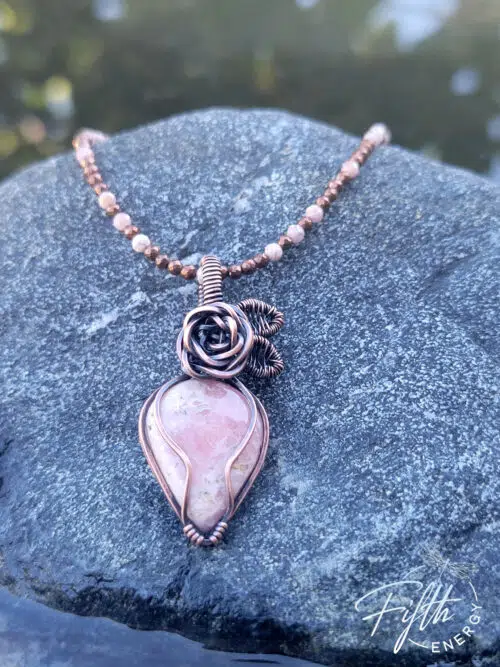 Rhodochrosite Rose Copper Necklace with Hematite Fifth Energy Jewelry Pink White