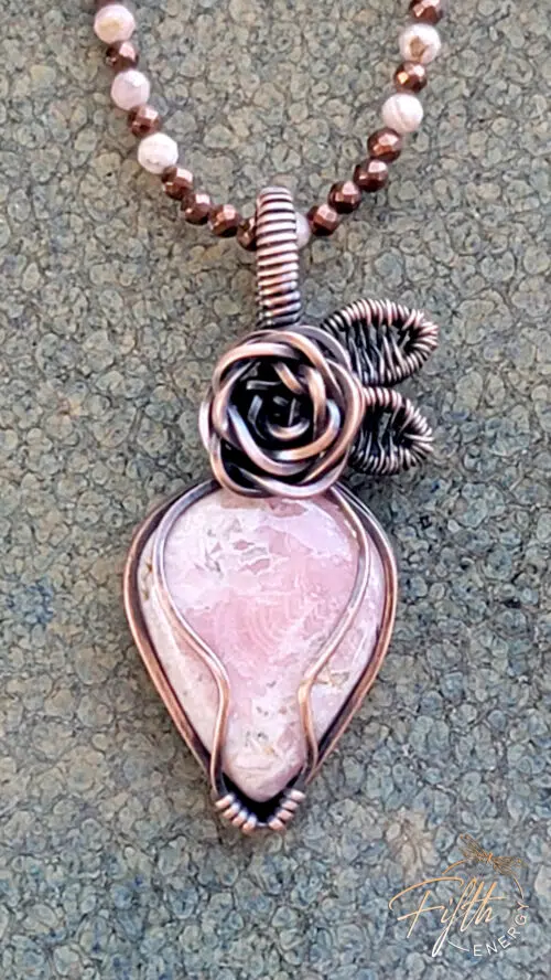 Rhodochrosite Rose Copper Necklace with Hematite Fifth Energy Jewelry Pink White
